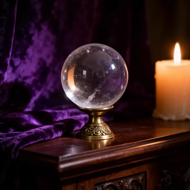 Clear quartz crystal ball on a brass stand beside a lit candle on a dark wooden altar