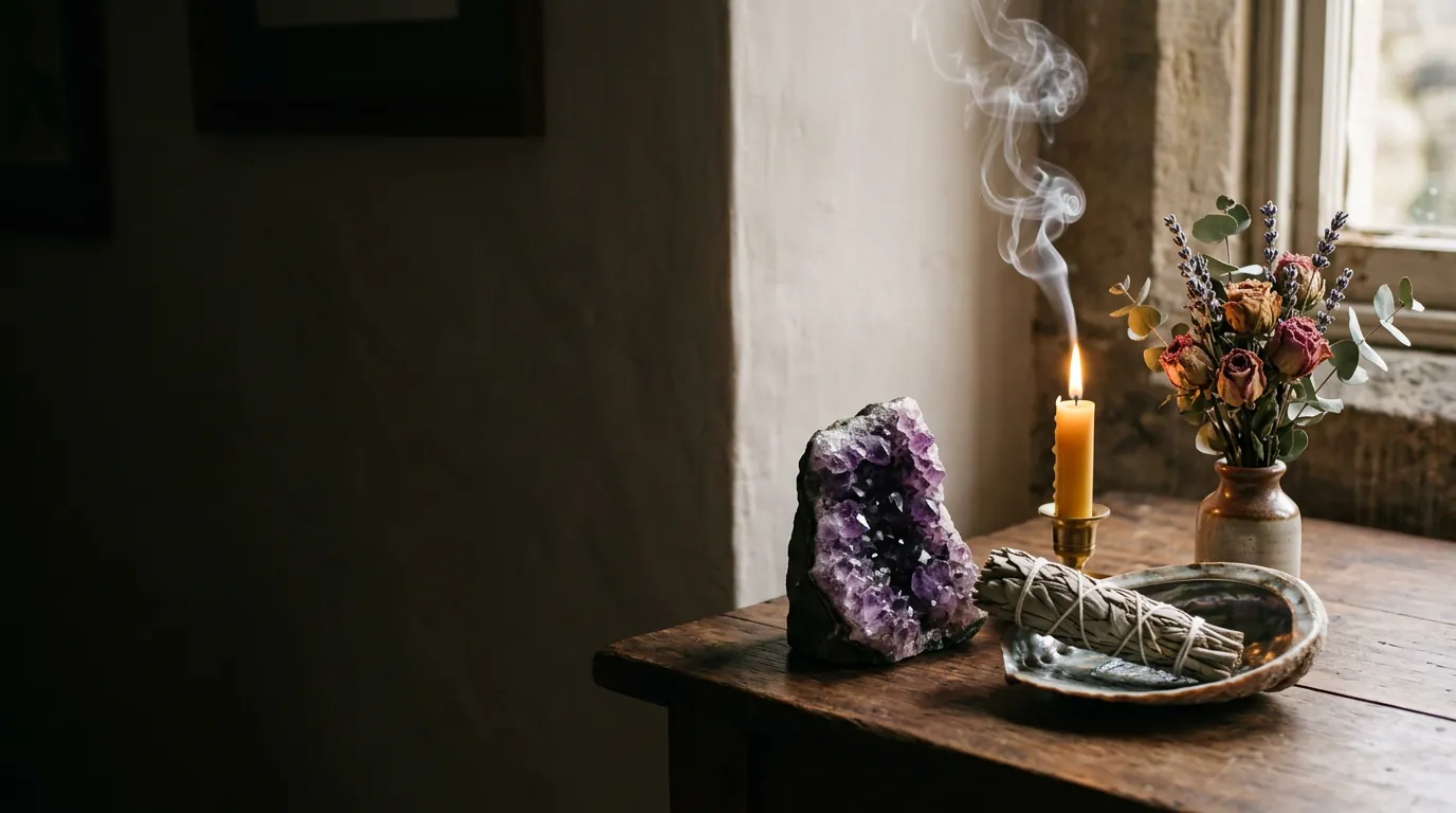 Amethyst geode, sage smudge bundle and candle on a wooden table