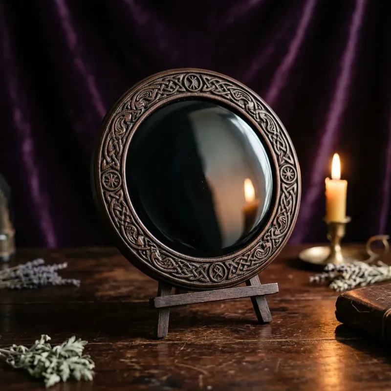 Polished black obsidian scrying mirror in a carved wooden frame on a dark altar