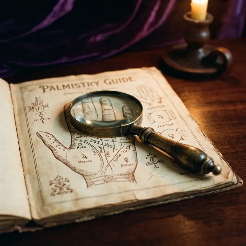 Antique brass magnifying glass resting on a vintage palmistry chart