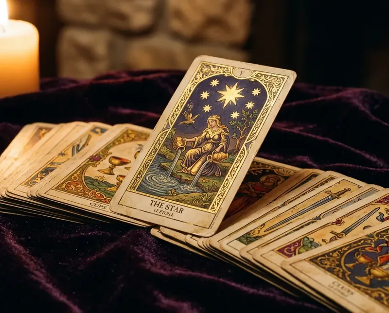 Antique tarot deck spread on deep purple velvet by candlelight